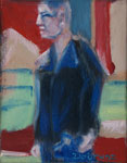 Linie 14, Mann an einer Bushaltestelle, gemalt mit Ölfarben